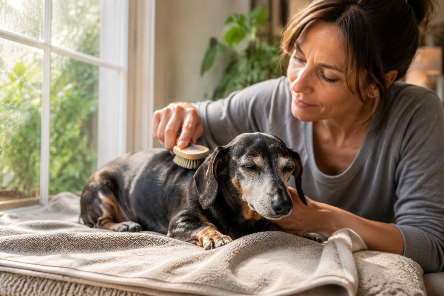 An owner gently brushing a relaxed senior Dachshund by a sunny window during a quick grooming routine