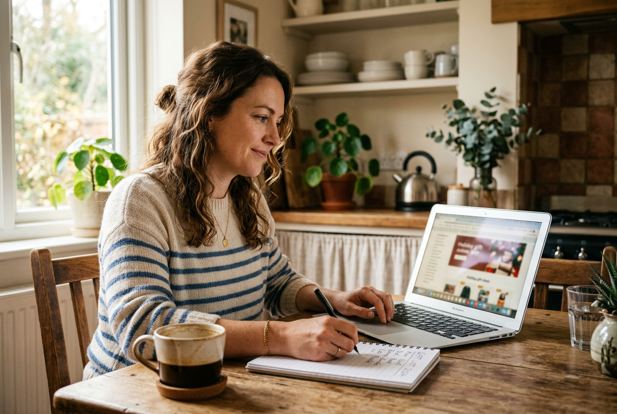 Person shopping online at kitchen table with notepad making gift list in natural light