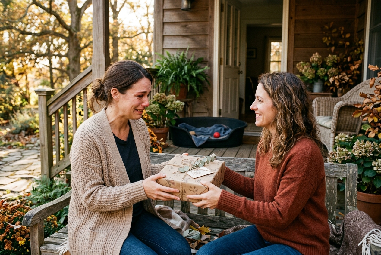 Friend handing a wrapped gift to an emotional person on a porch with an empty Labrador dog bed visible through the open door