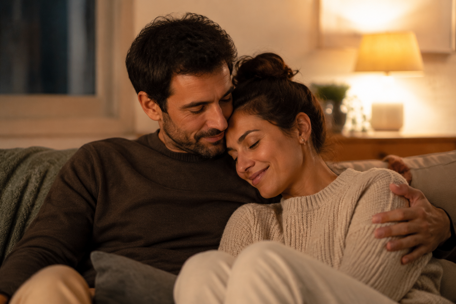 A couple sitting close on a sofa sharing a quiet tender moment in soft evening light, a comforting connection