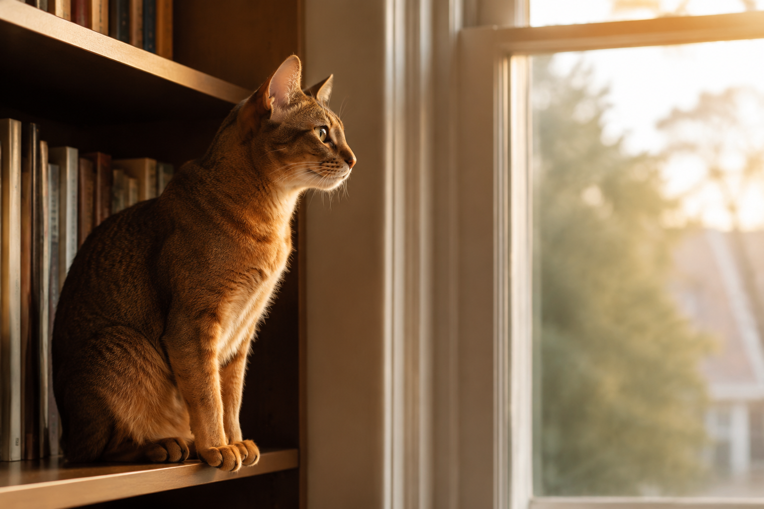 A sleek ticked-coat Abyssinian cat perched on a bookshelf gazing out a window in soft quiet morning light