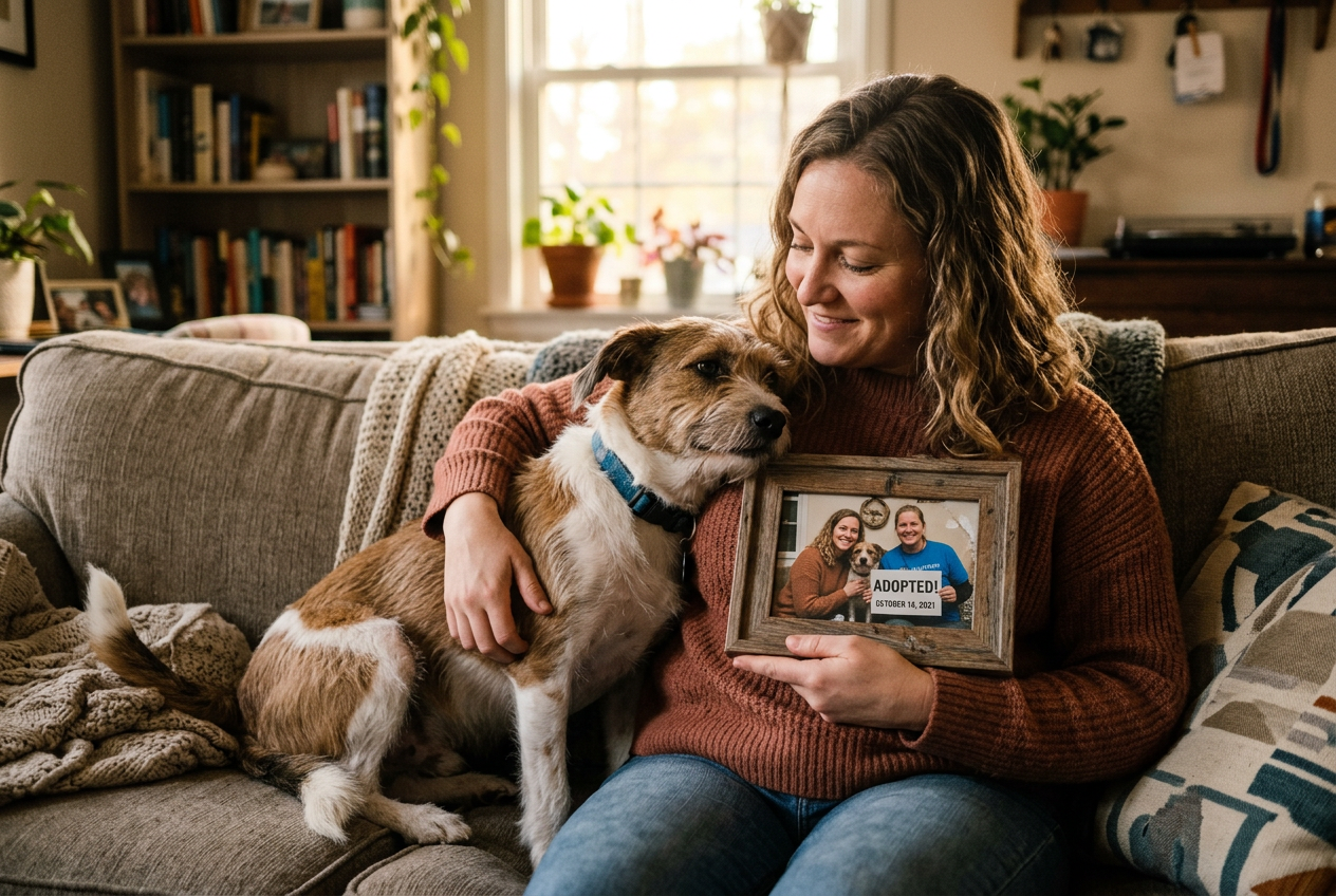 Person and dog on couch looking at adoption day photo together in warm bonding moment