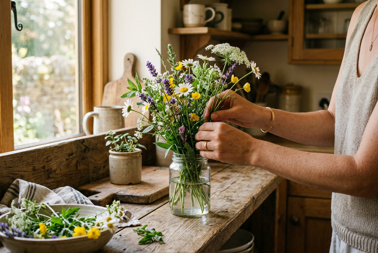 Hands arranging wildflowers in a jar on a wooden shelf, a modest but intentional memorial gesture