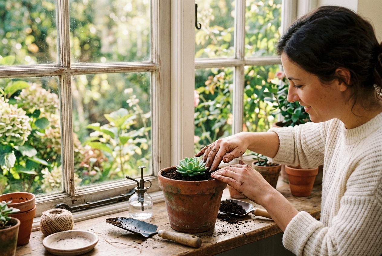 Person gently planting a succulent in a terracotta pot on a sunlit windowsill with calm focus