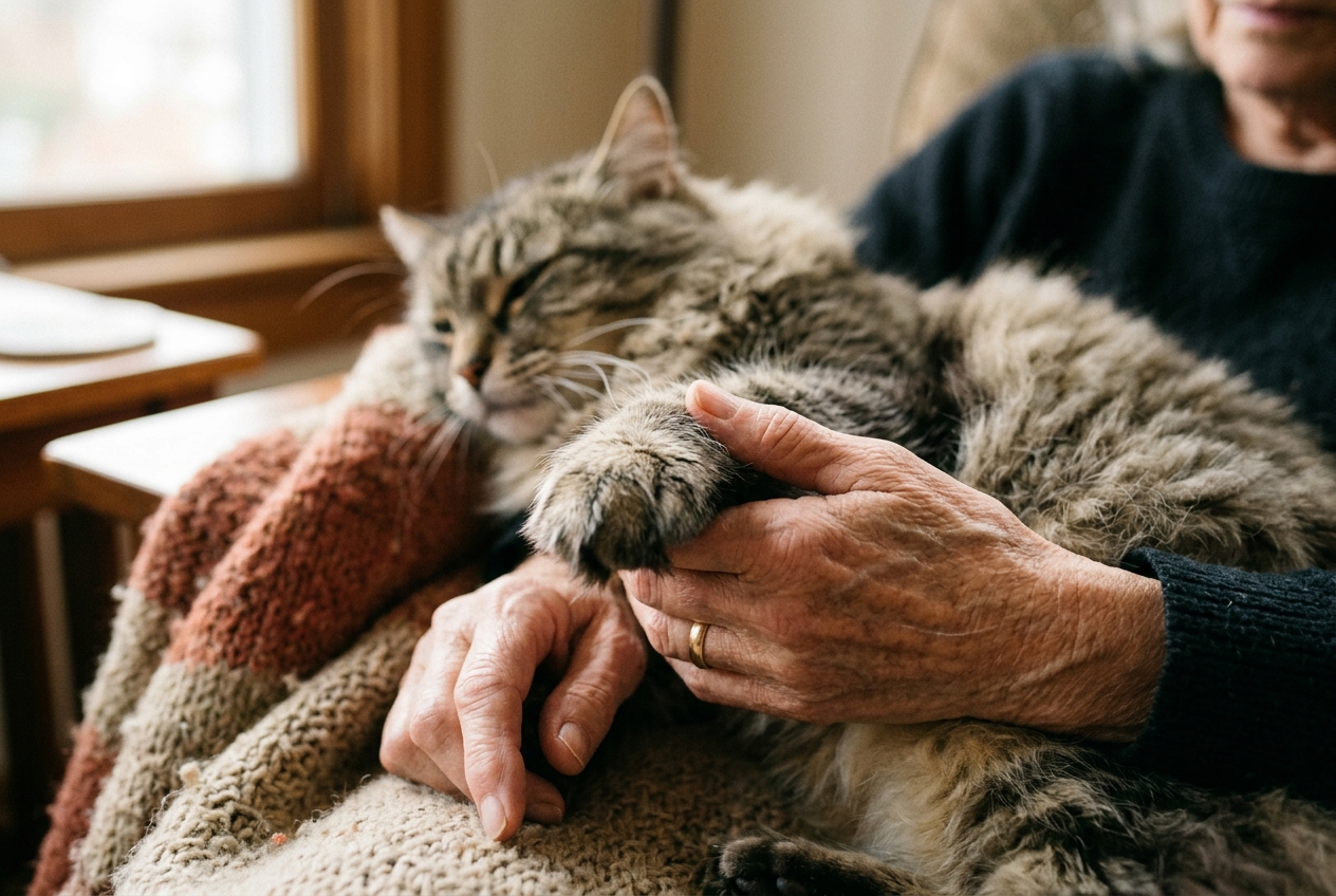 Close-up of gentle hands cradling a large fluffy cat's paw in warm indoor light capturing a tender quiet moment