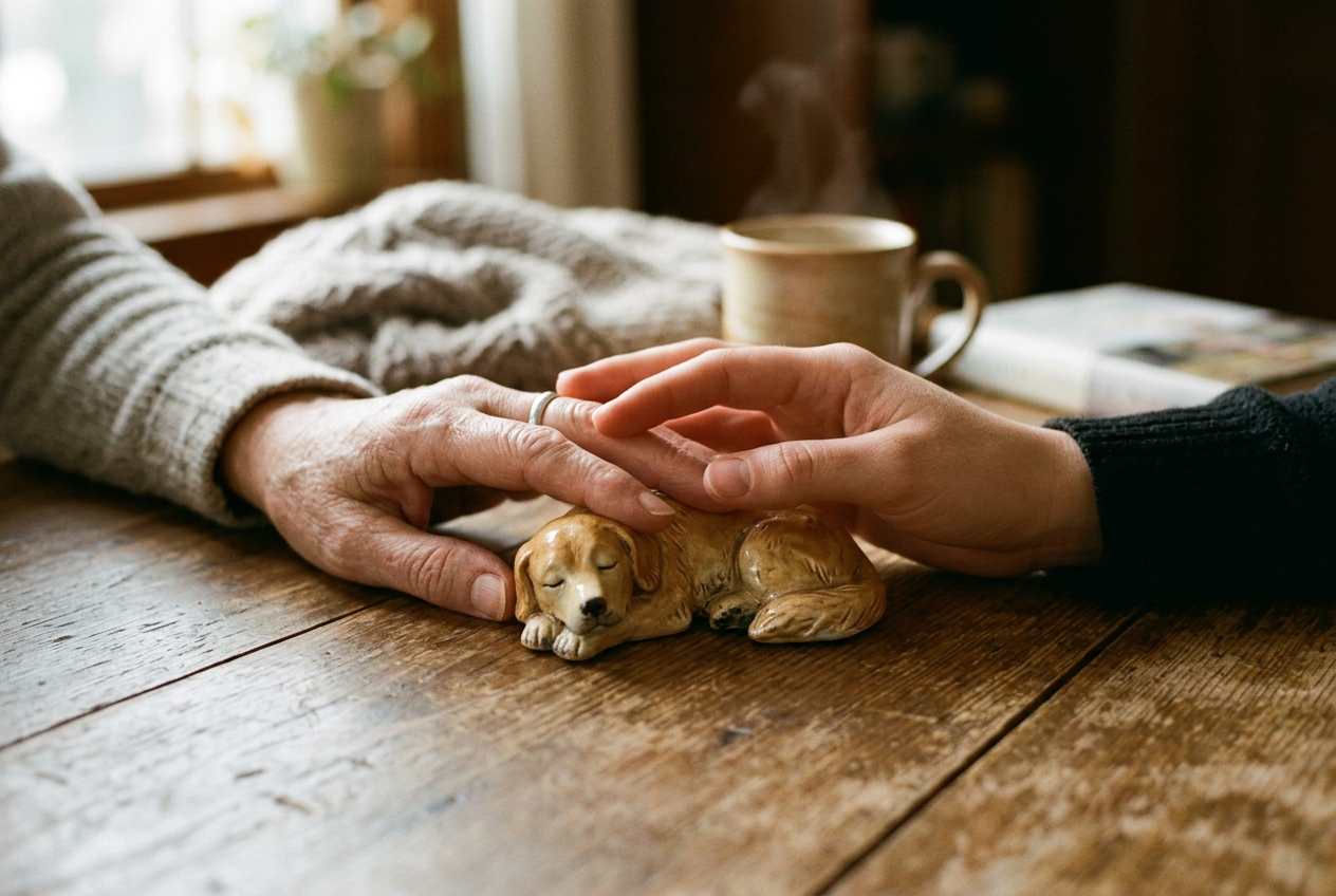 Hands touching figurine together in shared support