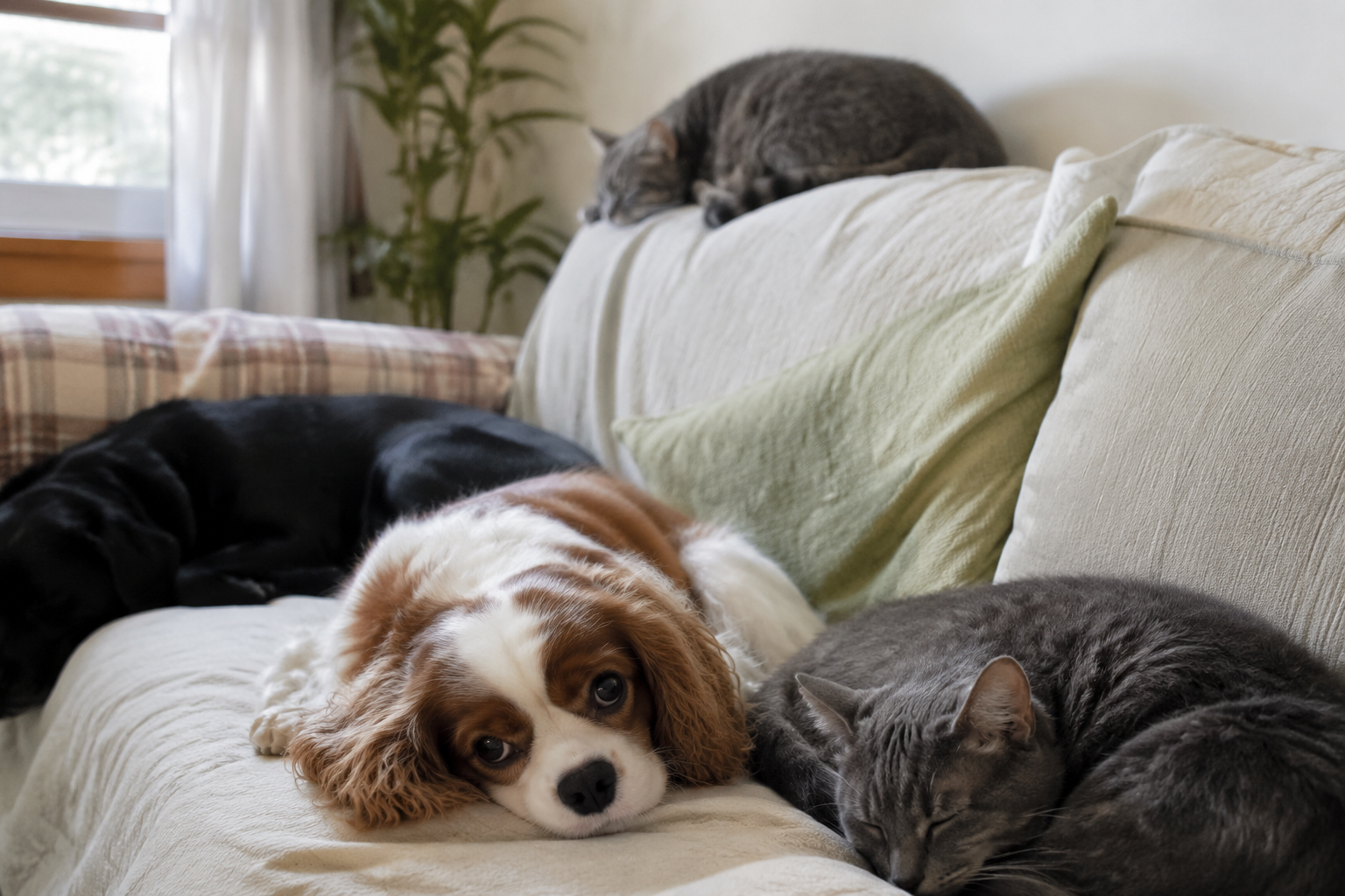 A Cavalier King Charles Spaniel resting calmly on a couch beside the family's other pets — another moment