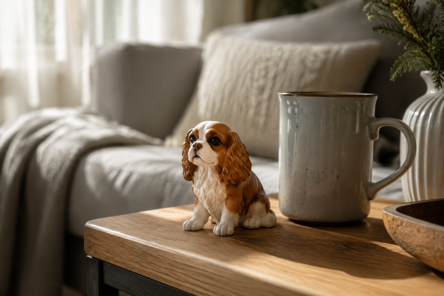 Cavalier King Charles Spaniel figurine sitting with soft ears and gentle eyes — in-article view