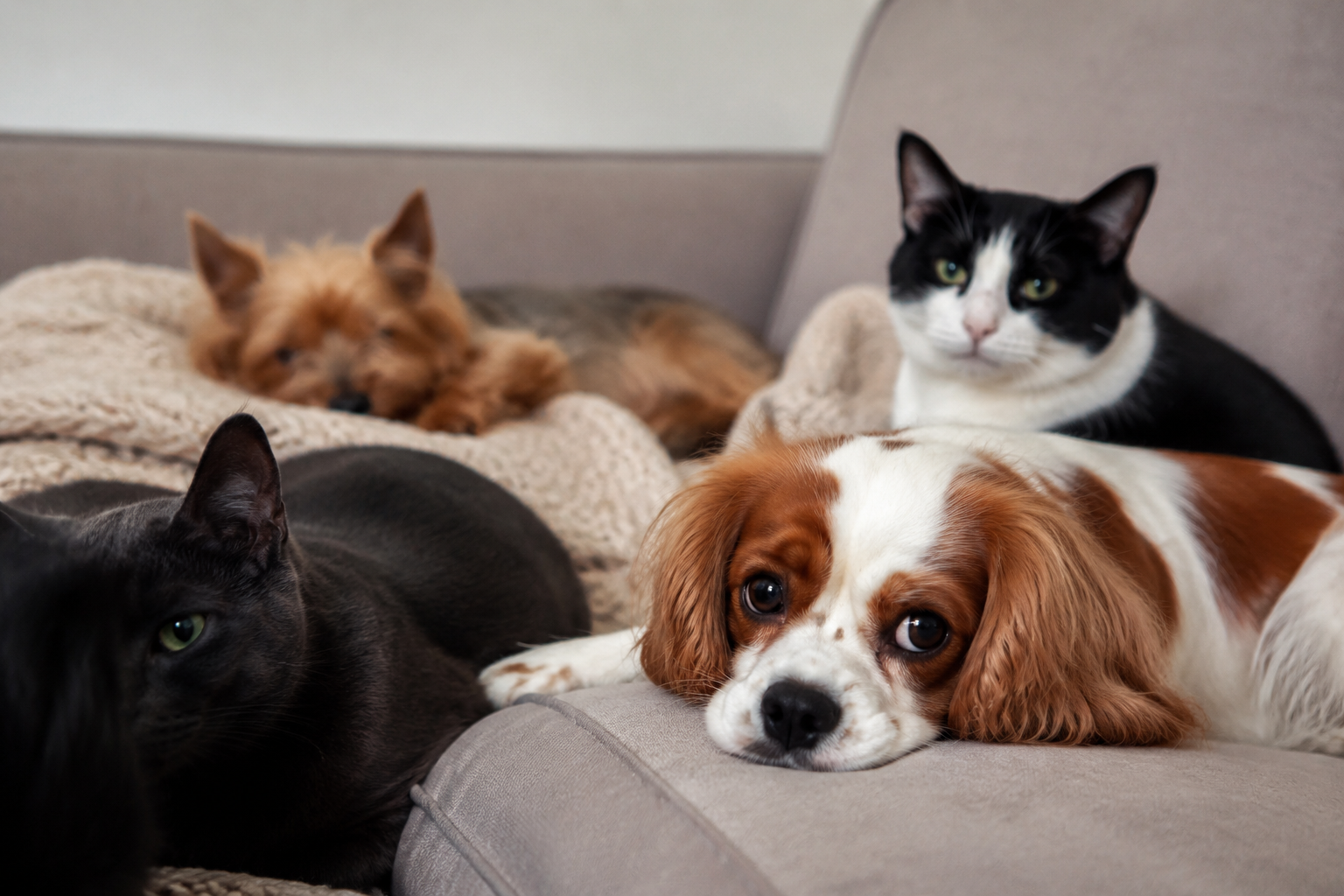 A Cavalier King Charles Spaniel resting calmly on a couch beside the family's other pets