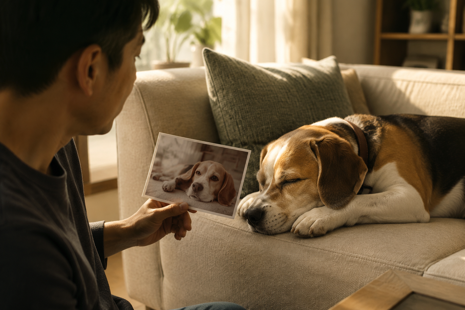 Person holding a flat photo print of their Beagle while looking at the real dog sleeping on the couch in afternoon light
