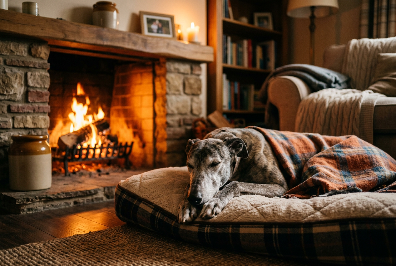 Senior Greyhound with gray muzzle resting peacefully by a warm fireplace, eyes half-closed