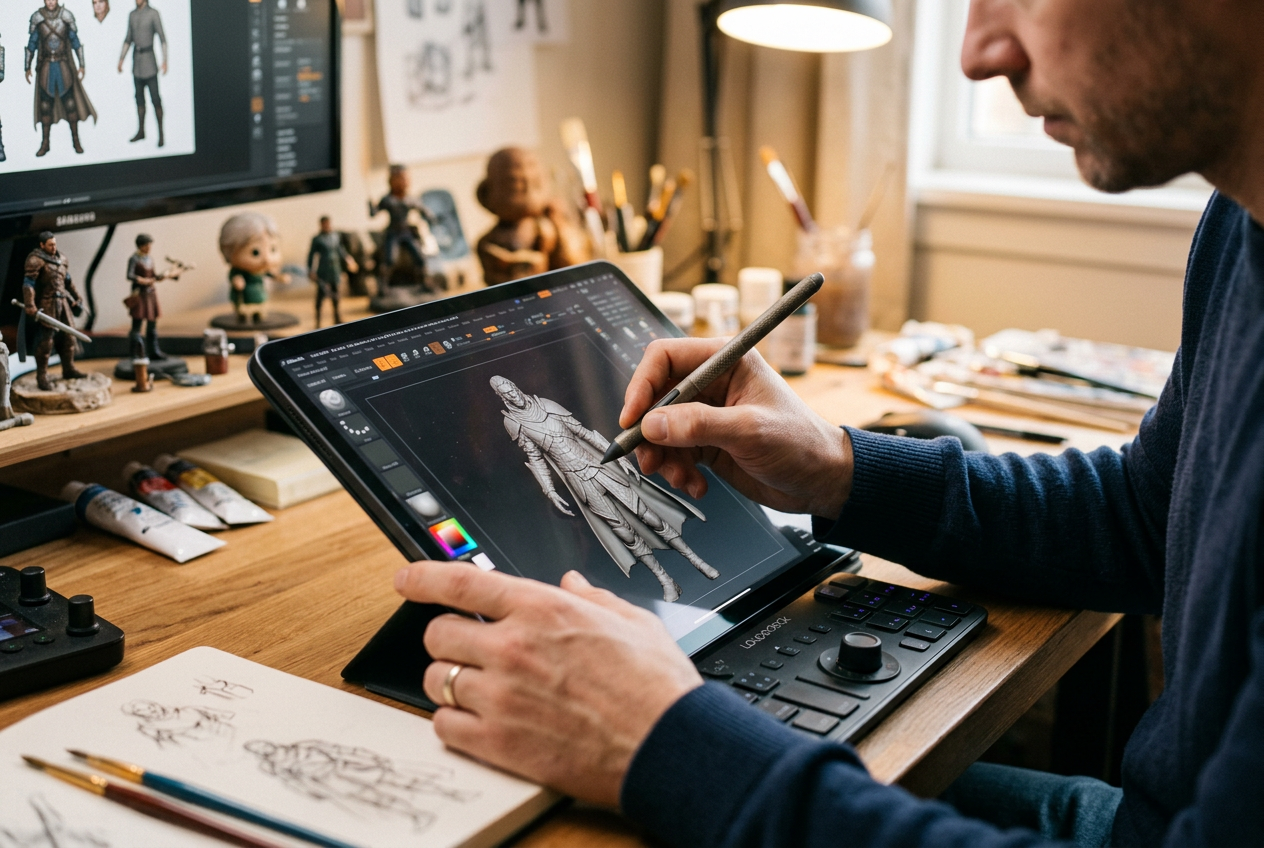 Artist hands working on digital tablet sculpting 3D model with stylus in focused studio work