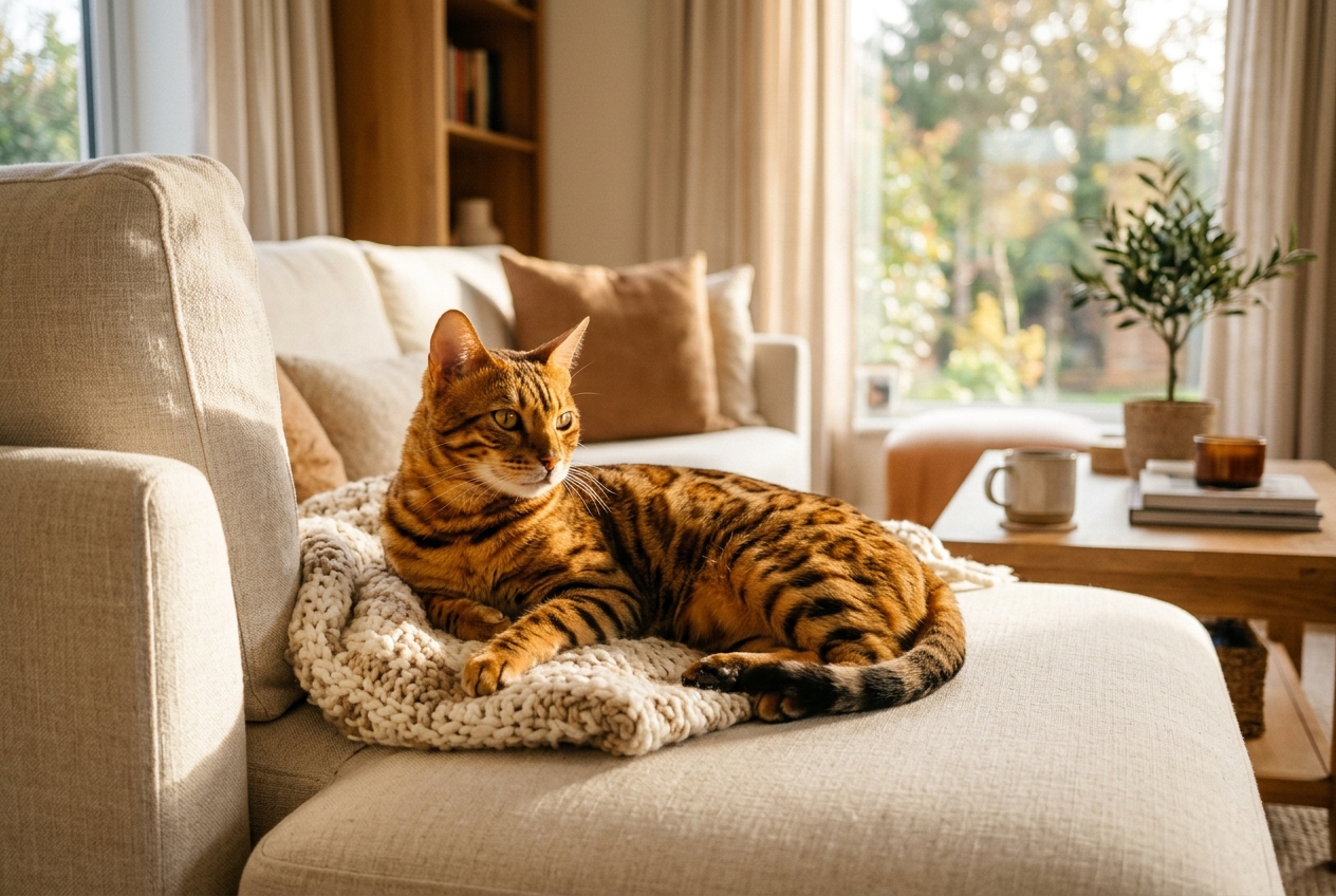 Bengal cat with rosette markings lounging elegantly on a cream sofa in golden afternoon light