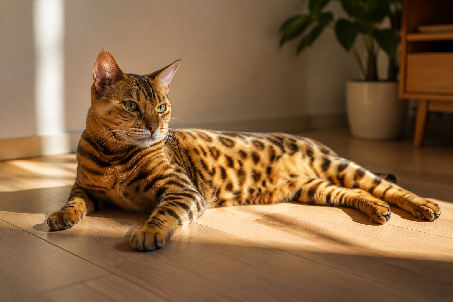 Sleek Bengal cat lounging in a sunlit patch on a wooden floor with its rosette coat glowing warmly