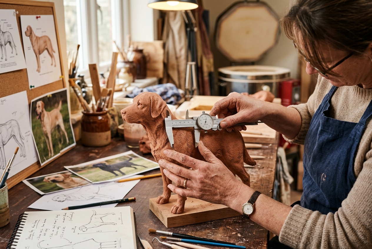 Artisan measuring figurine with precision tools and reference photos