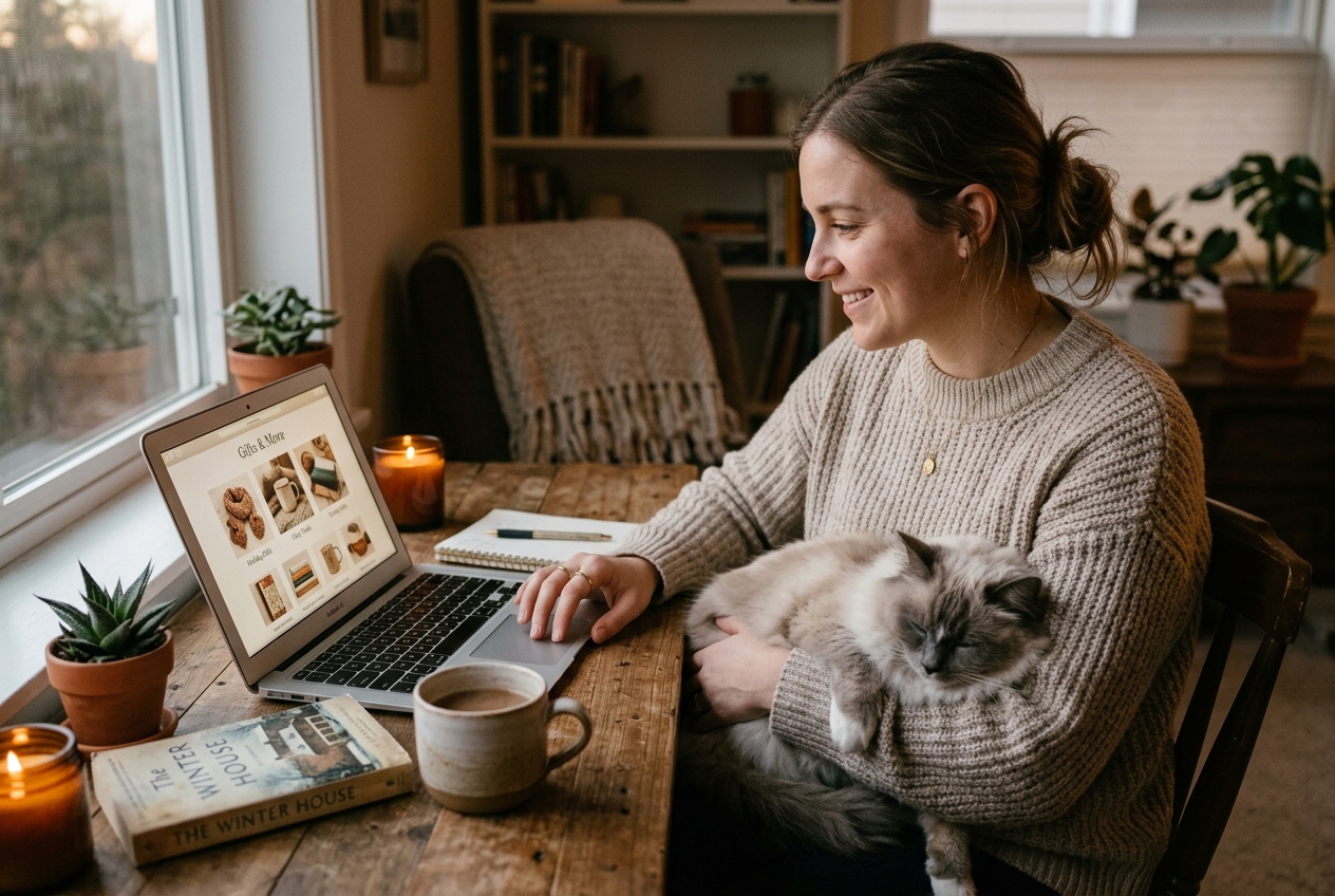 Person browsing gifts on a laptop at a cozy desk with a Ragdoll cat draped across their arm in soft natural light
