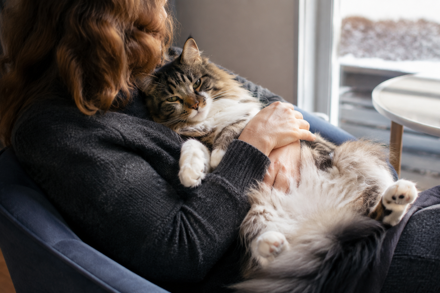 A mother gently holding her aging Norwegian Forest Cat close while sitting in a cozy chair — another moment