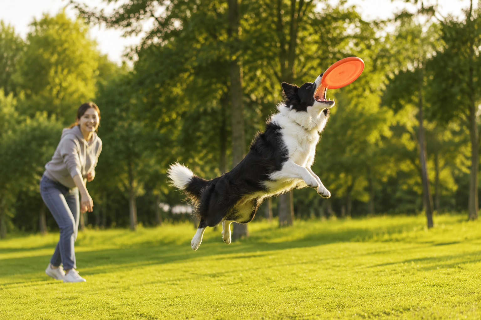 An energetic Border Collie leaping to catch a frisbee in a sunlit green park while its owner watches happily