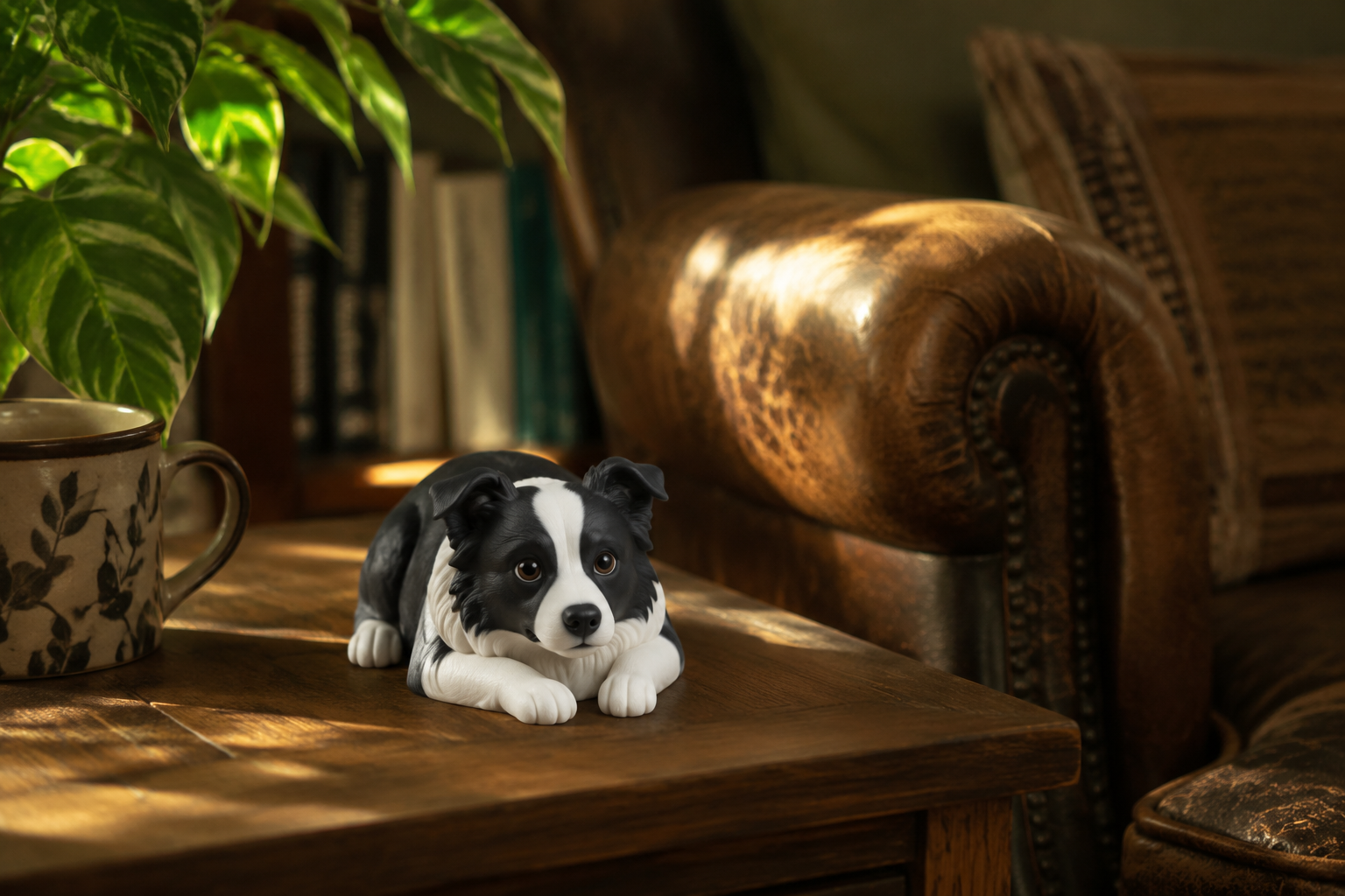 Border Collie figurine lying in a focused crouch with defined markings — in-article view