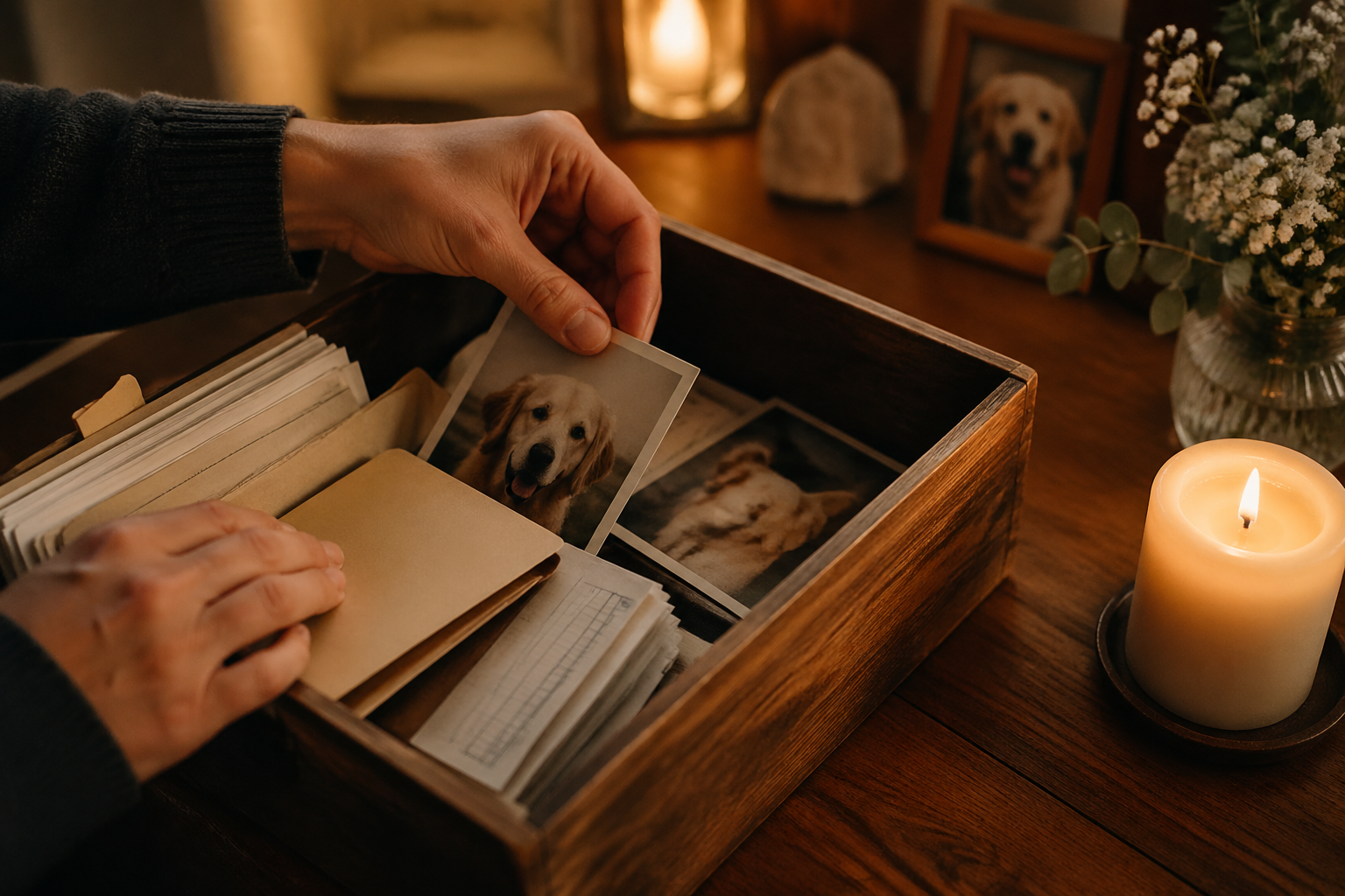 Hands organizing pet medical records in memory box
