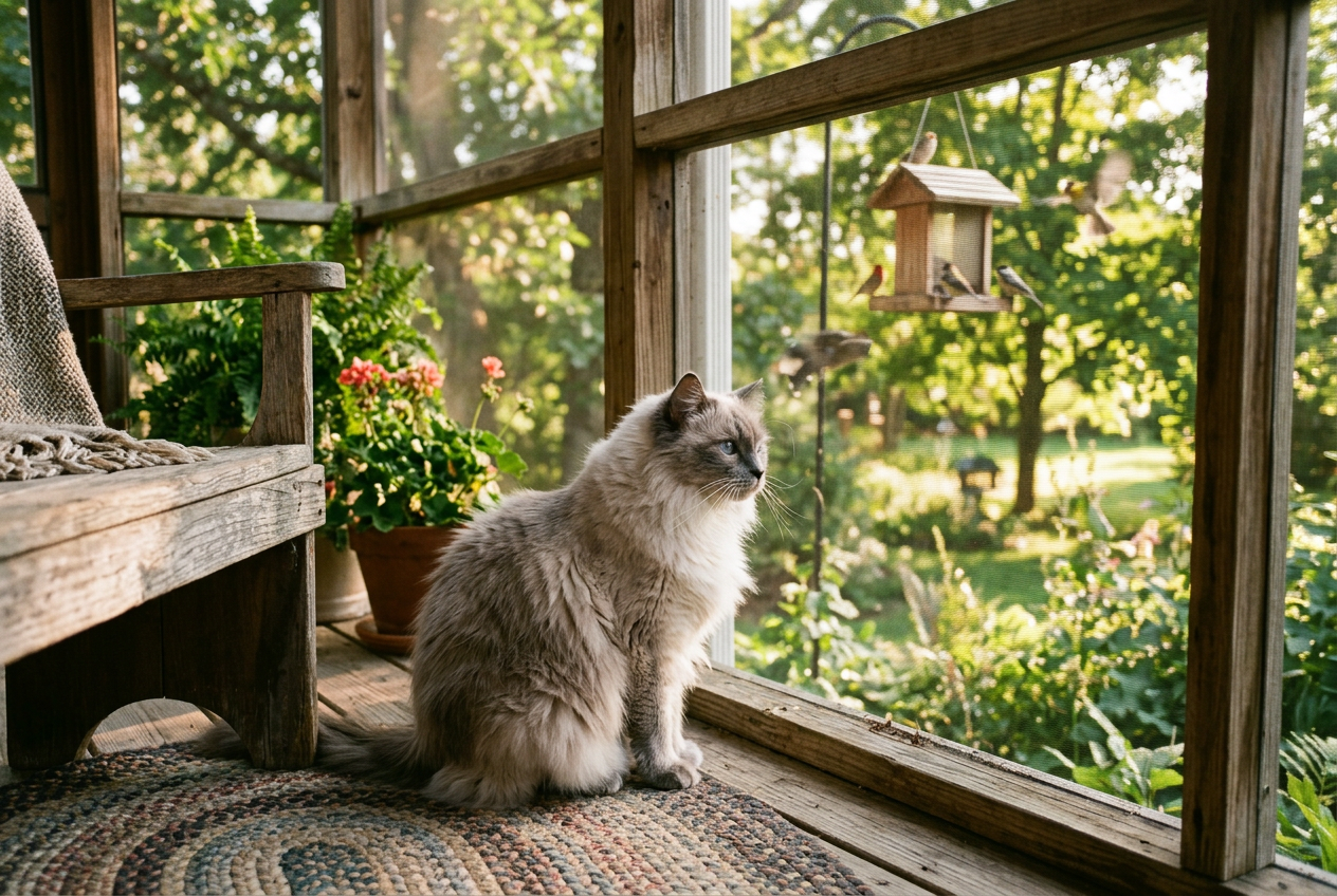 Senior Ragdoll cat watching birds from a screened porch in golden afternoon light, peaceful moment