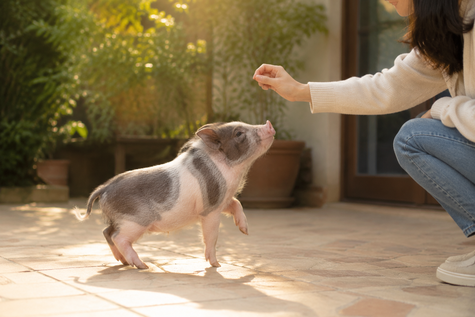 A small mini pig following a person's hand cue on a sunlit patio in a calm focused gentle training moment