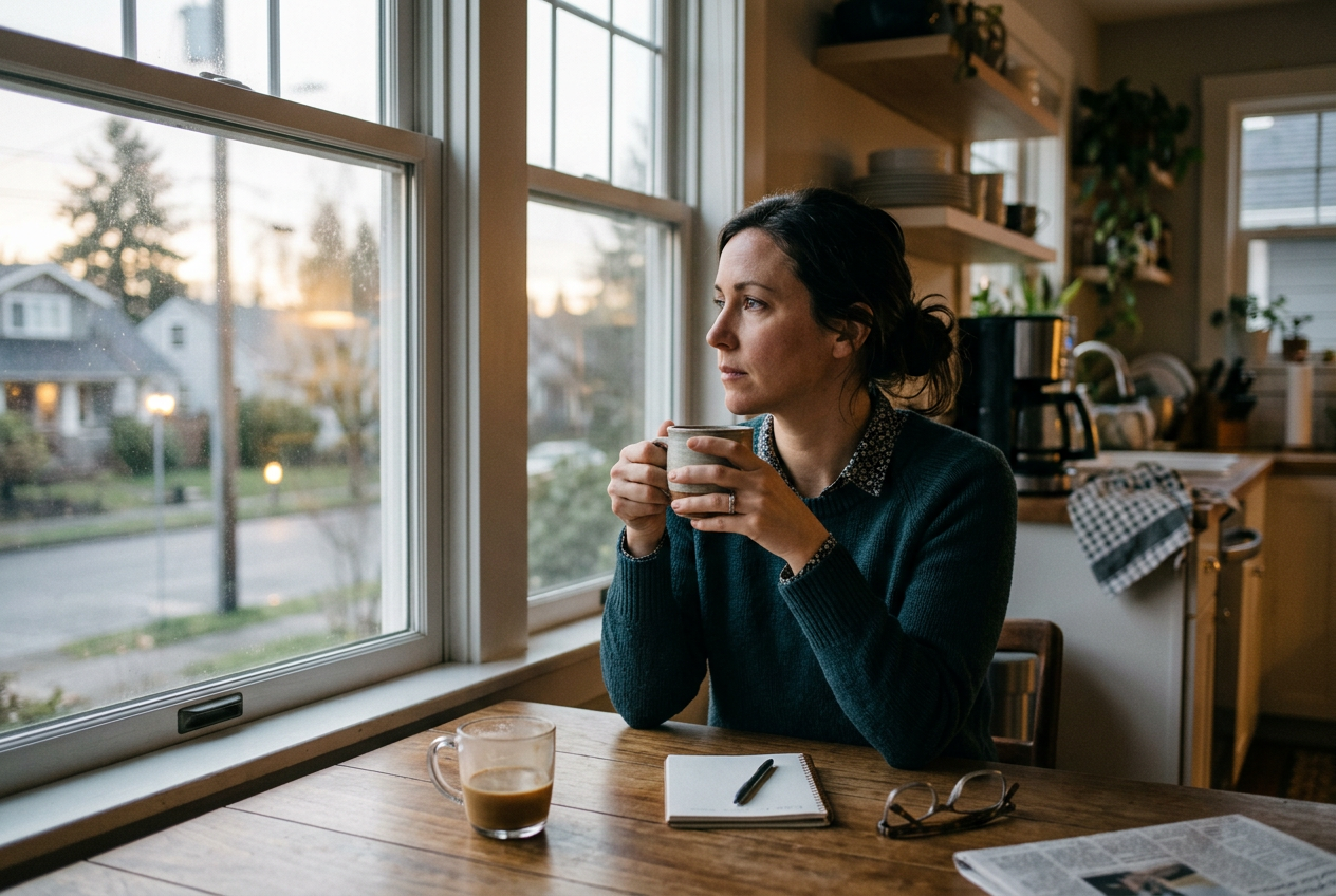 Professional woman holding coffee mug in contemplative morning moment at kitchen table