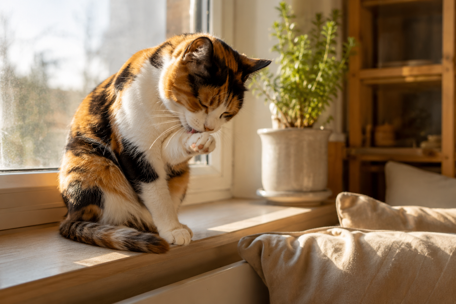 Calico cat grooming a paw on a sunny windowsill with distinctive orange, black, and white patches glowing