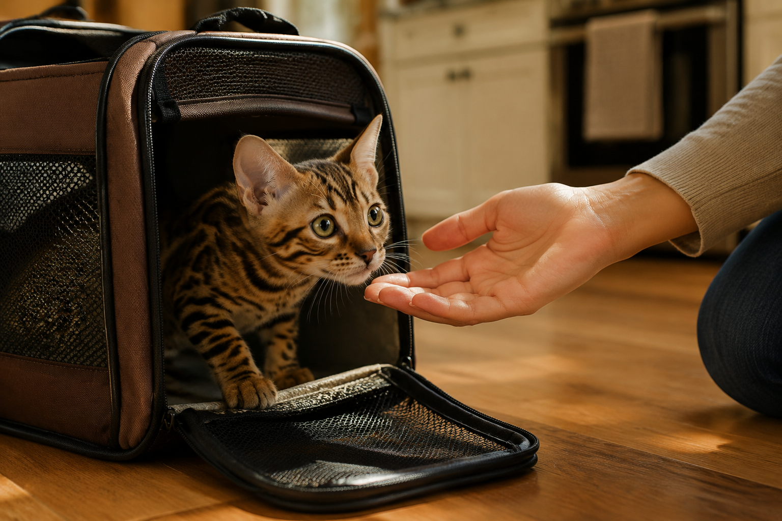 A curious spotted Bengal kitten peeking from a soft carrier as a gentle hand offers calm reassurance nearby