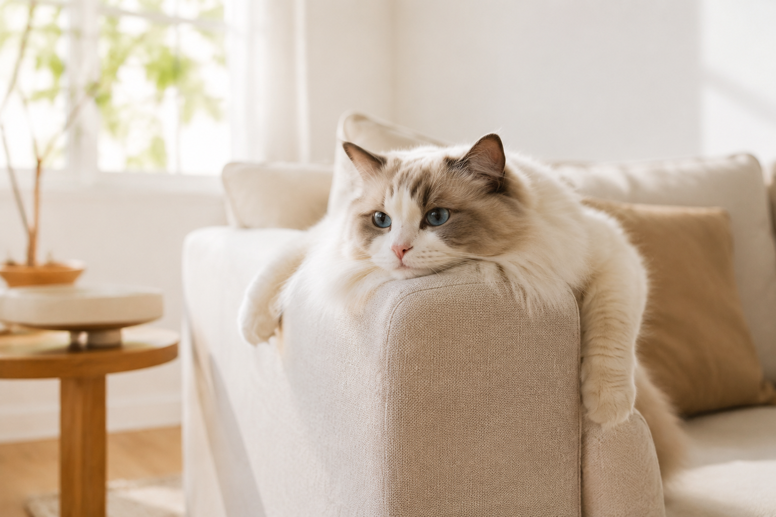 Fluffy Ragdoll cat draped over a sofa arm in a bright minimalist living room in soft daylight