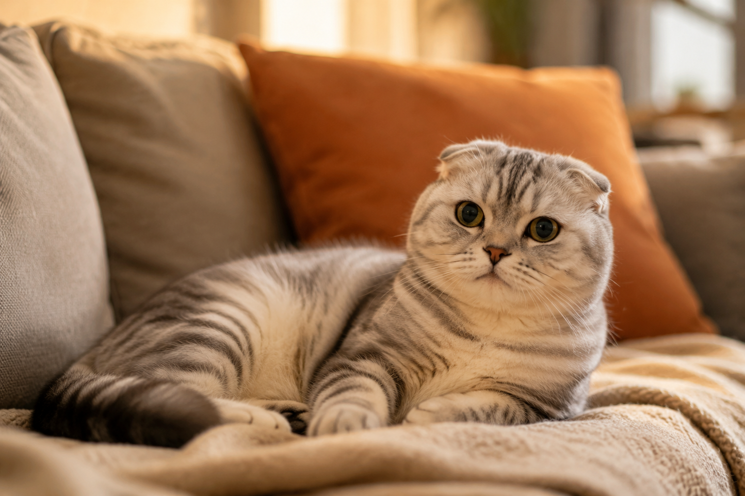 A Scottish Fold cat lounging contentedly on a sofa in soft afternoon light, calm and at ease
