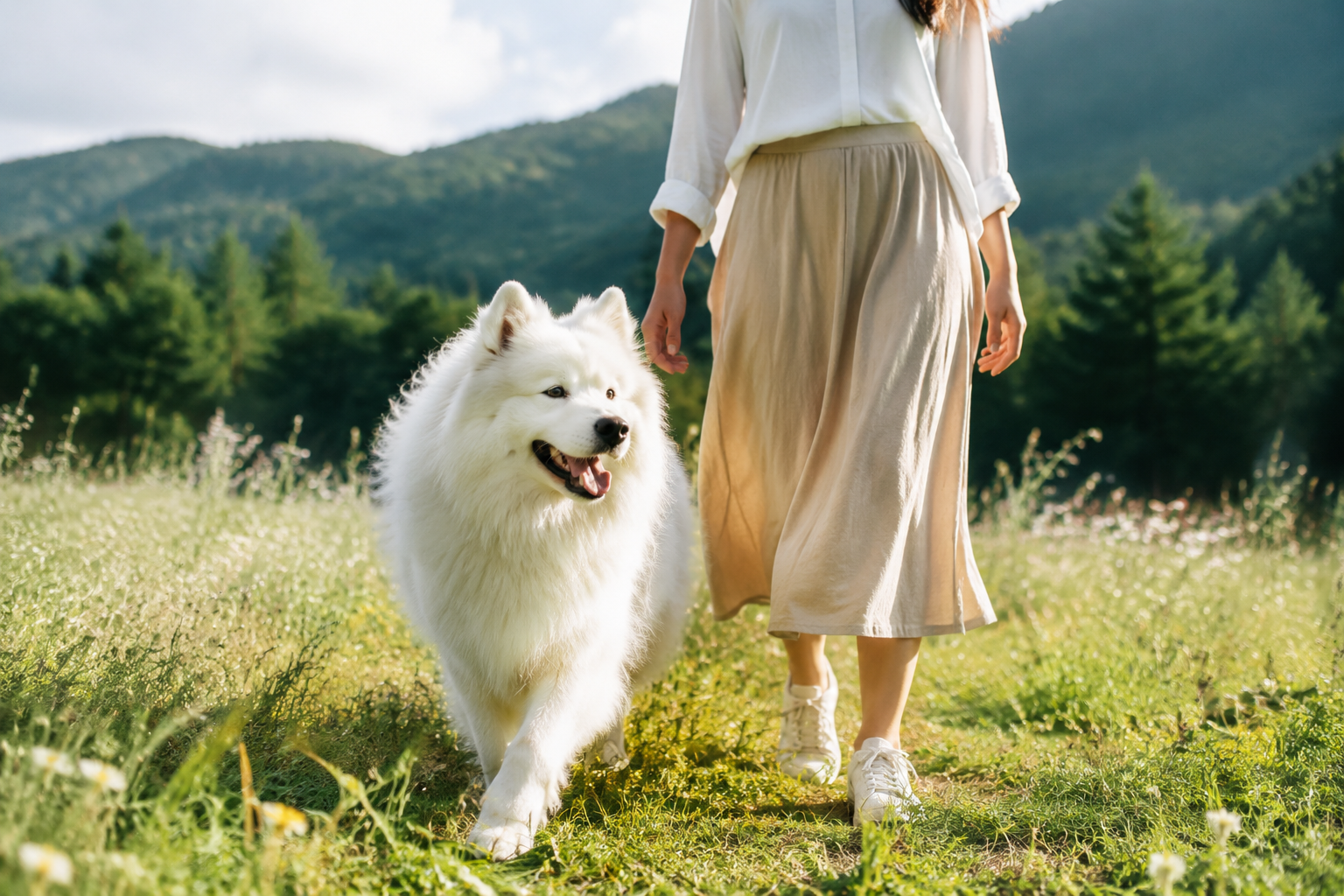 A fluffy white Samoyed walking beside its owner through a green sunlit meadow on a fresh bright day