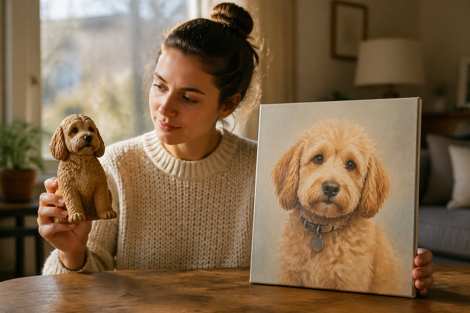 Person comparing canvas portrait and figurine