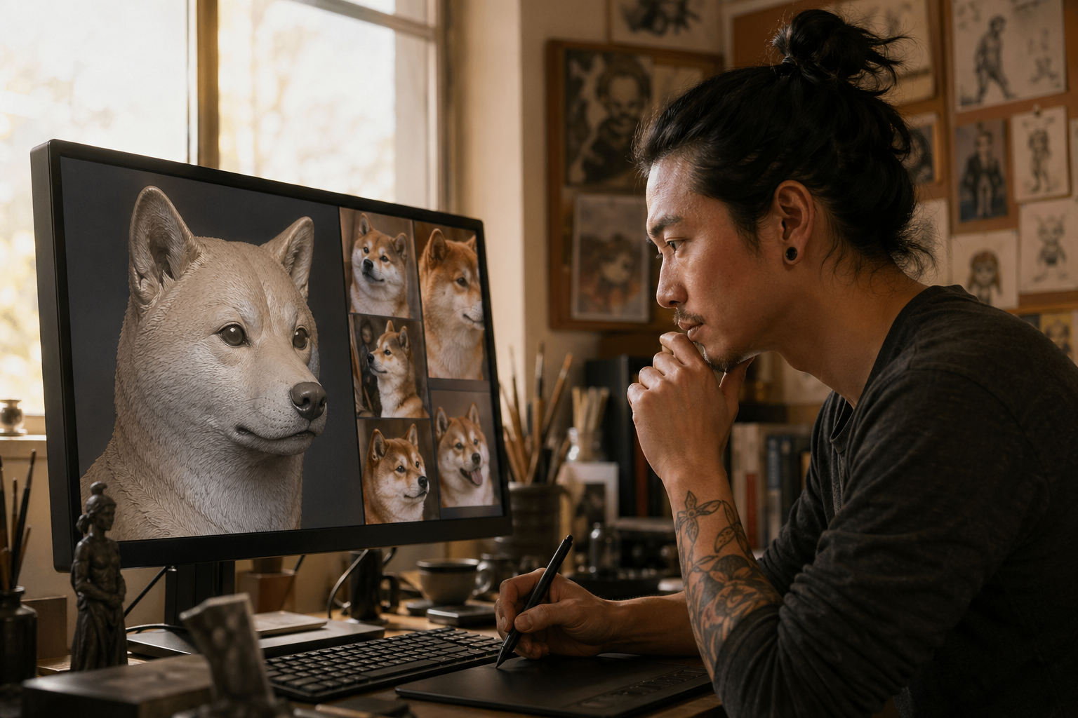 Artist studying a Shiba Inu's expression details on a monitor in a warm studio