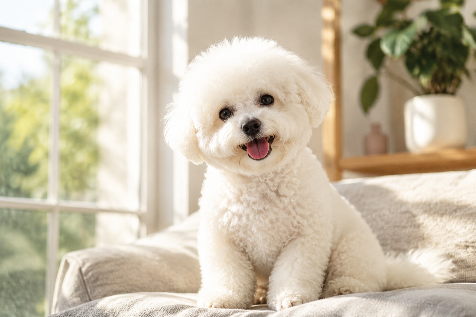 A fluffy curly-coated Bichon Frise sitting on a soft cushion in bright window light with a cheerful expression