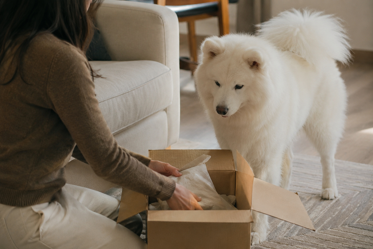 An owner opening a delivery box while their fluffy white Samoyed watches with a curled tail — another moment