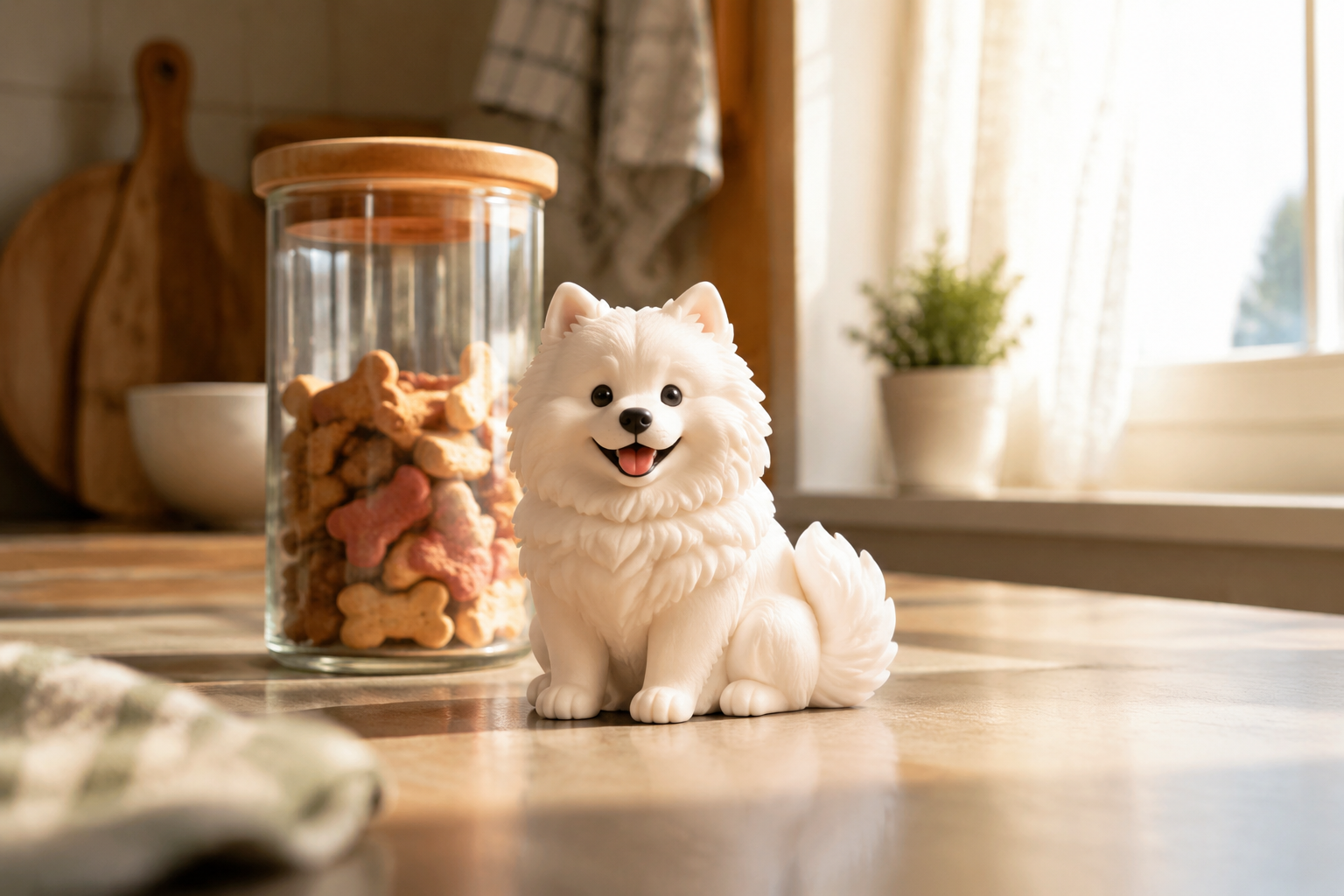 Samoyed figurine sitting with a fluffy white coat and smiling expression — in-article view