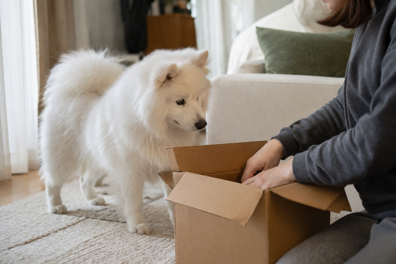 An owner opening a delivery box while their fluffy white Samoyed watches with a curled tail