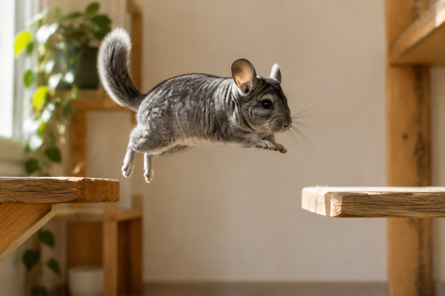 Chinchilla mid-leap between two wooden ledges in a bright, uncluttered room with soft light on its fur