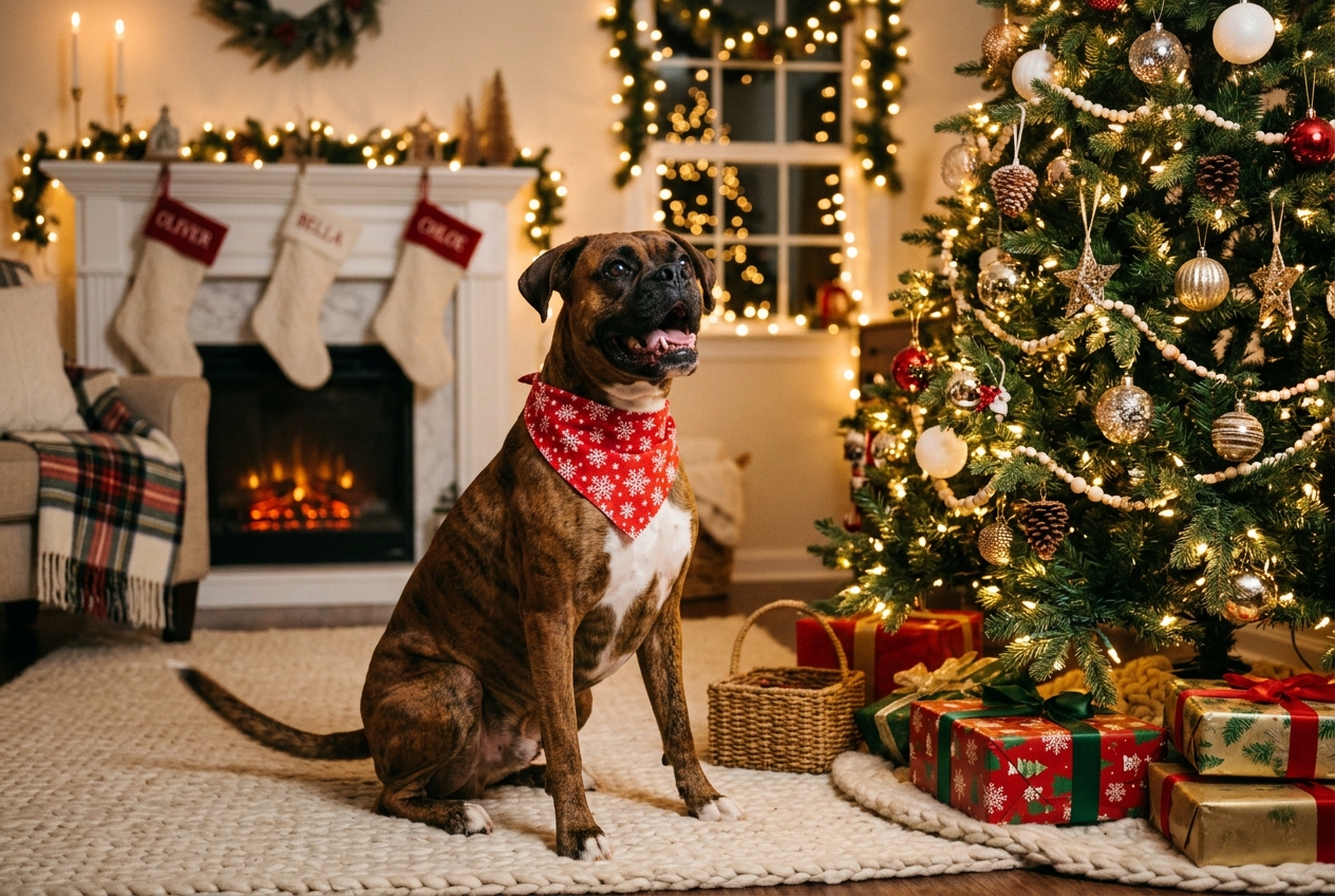 Boxer dog in a red holiday bandana sitting excitedly beside a Christmas tree with warm string lights
