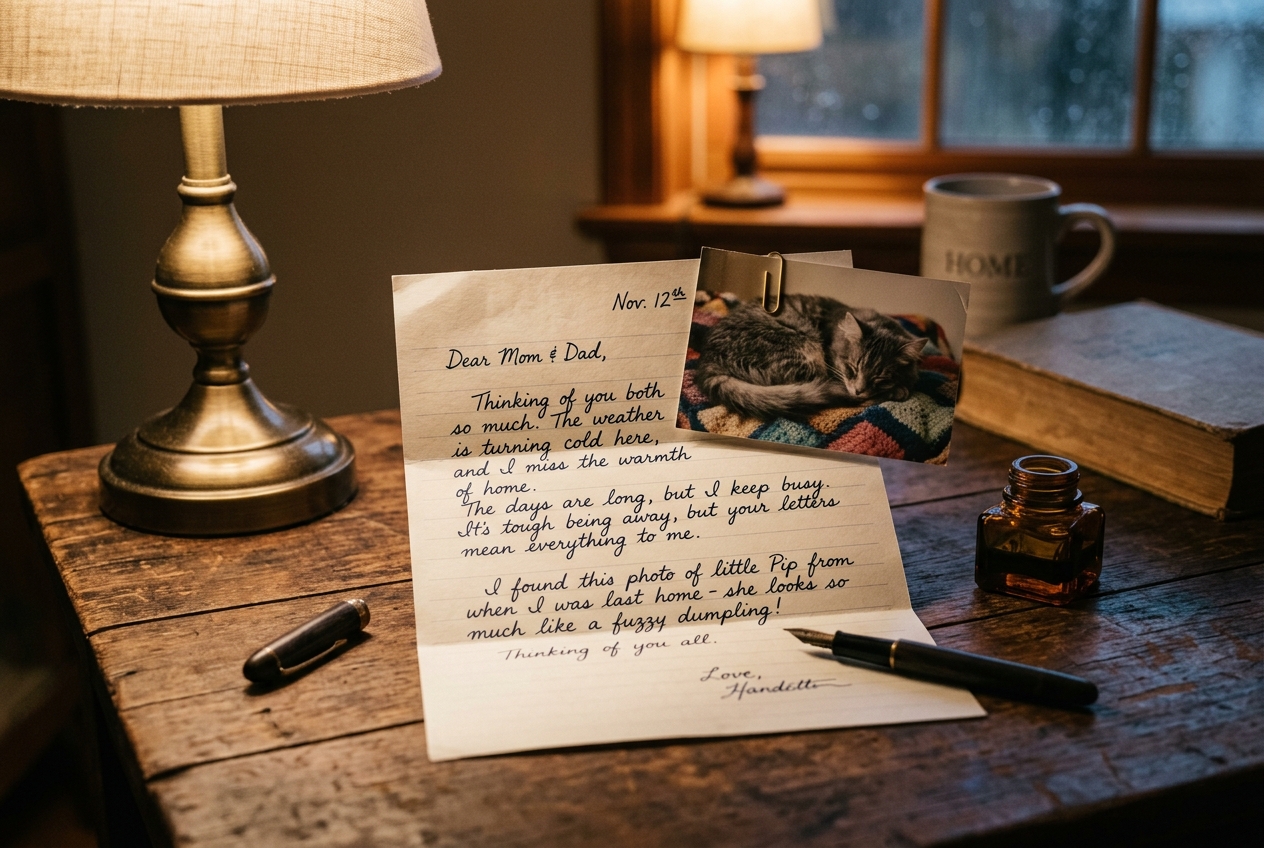 Handwritten letter with cat photo in soft lamplight