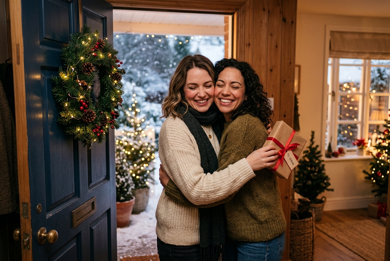 Two friends hugging in a doorway during a holiday visit with a small wrapped gift, wreath on the door, and soft snow falling
