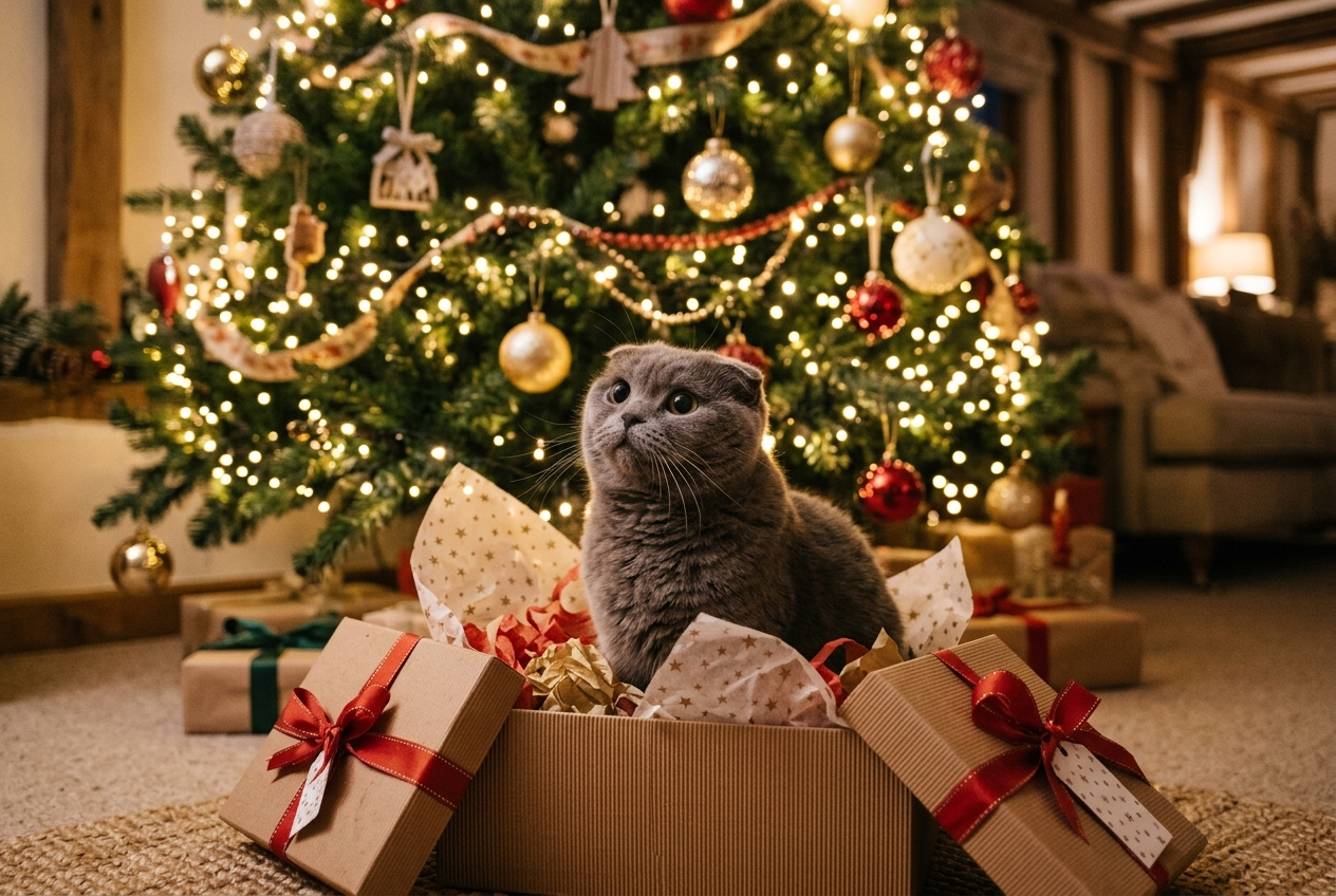 Scottish Fold cat sitting inside an open gift box under a Christmas tree with warm string lights glowing