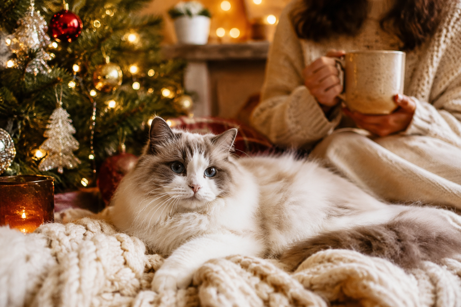 A Ragdoll cat relaxing by a glowing Christmas tree as its sitter enjoys a quiet warm holiday evening