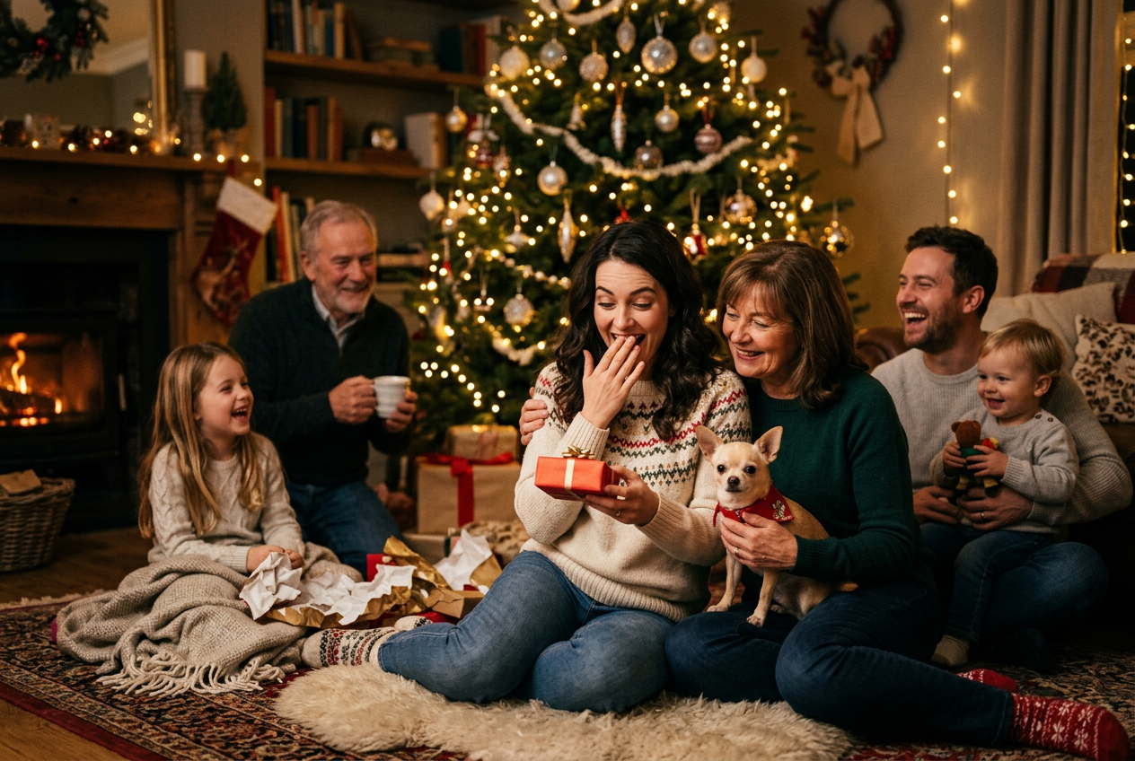 Family at Christmas with one person surprised by a small gift while a Chihuahua sits in someone's lap