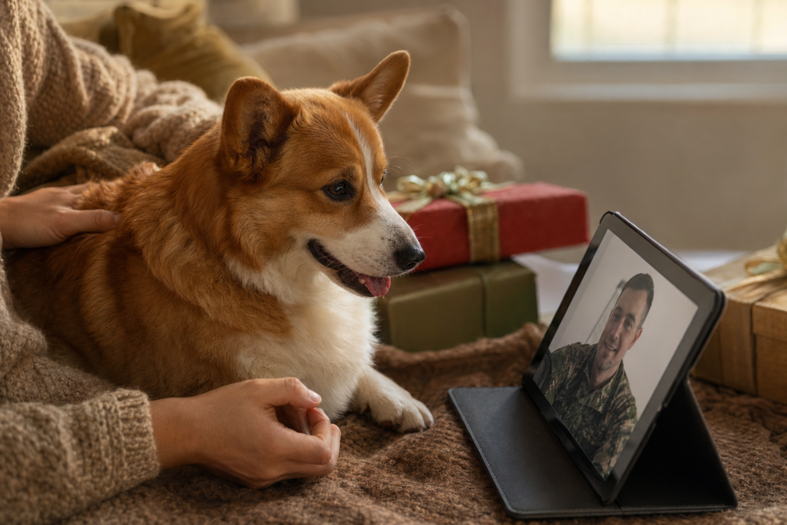 Real Corgi looking toward a holiday video call setup on a cozy couch with wrapped presents nearby