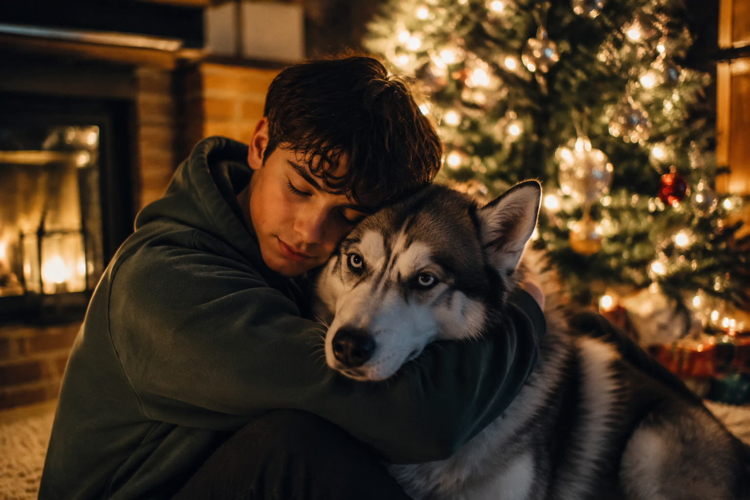 A teenager hugging a fluffy Siberian Husky beside a glowing Christmas tree in a warm cozy living room