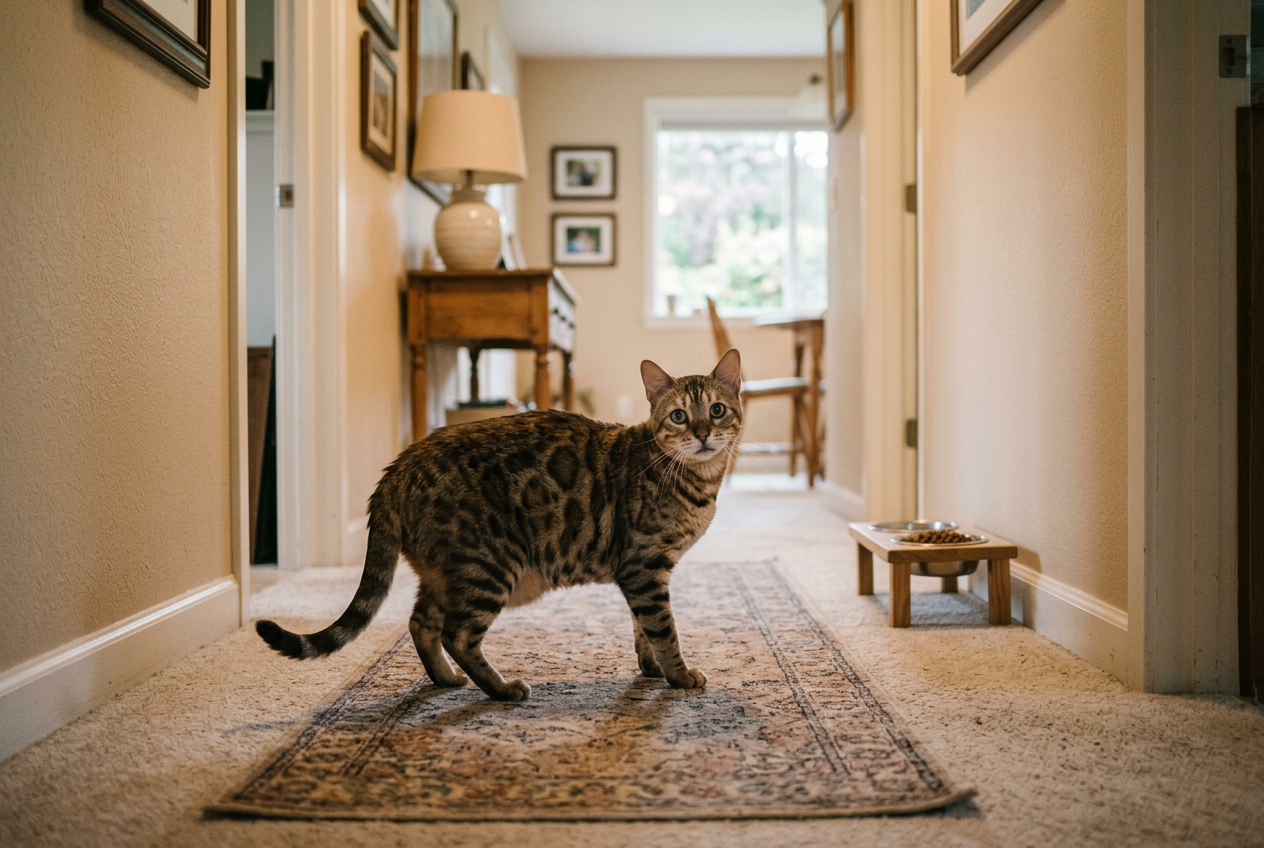 Senior Bengal cat pausing in a hallway looking slightly disoriented with a food bowl visible ahead