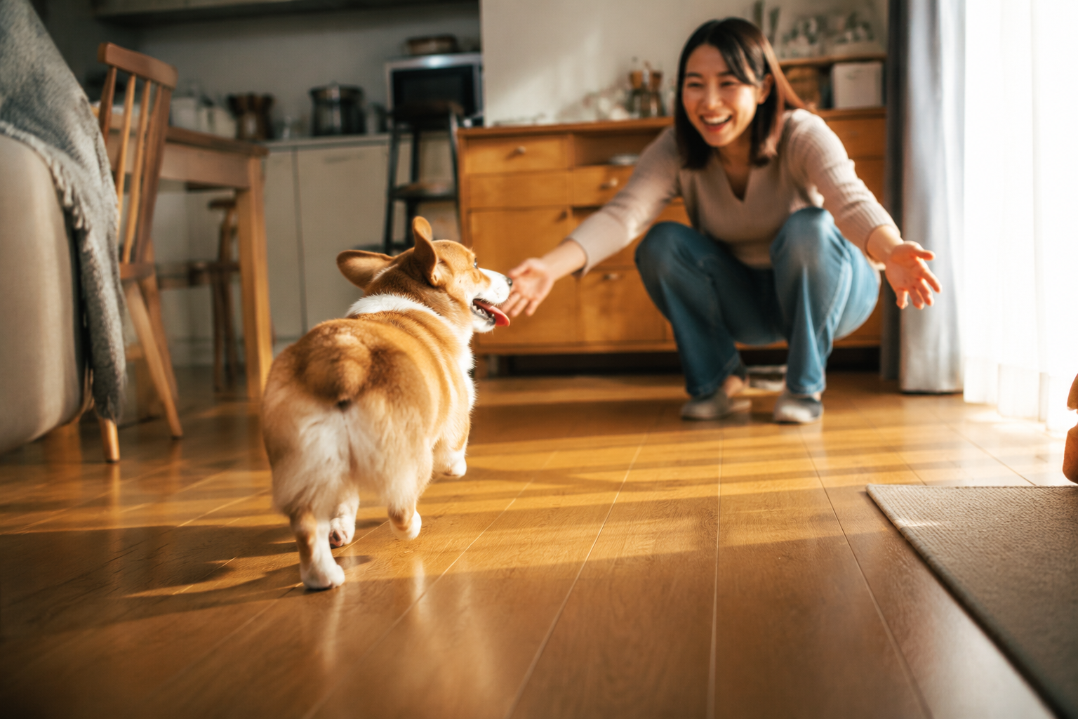 A cheerful short-legged Corgi trotting across a hardwood floor toward its smiling owner in warm daylight