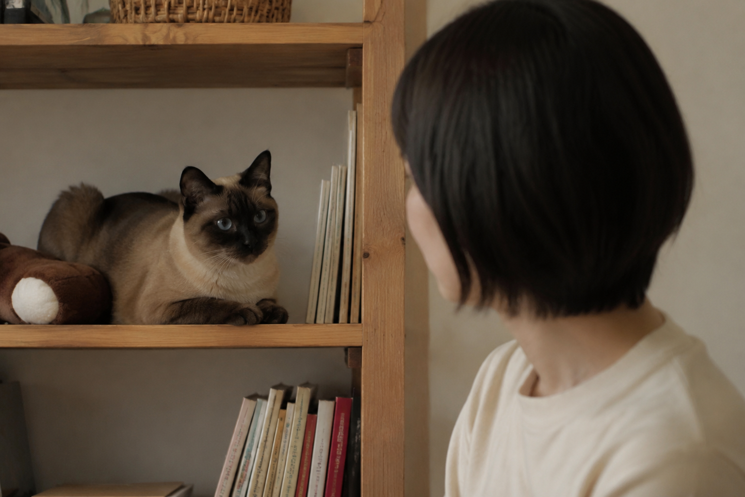 A Siamese cat with blue eyes perched calmly on a bookshelf watching its owner — another moment